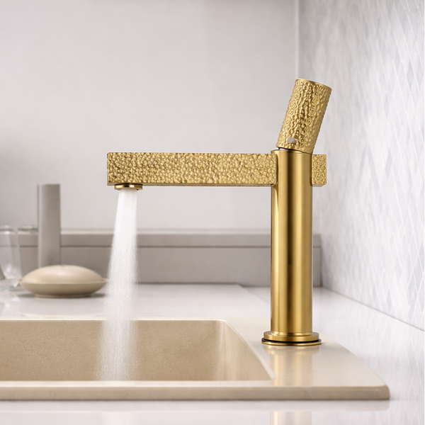 BASSINO Hammered Series – Premium Short Body Basin Mixer Faucet Brushed Gold