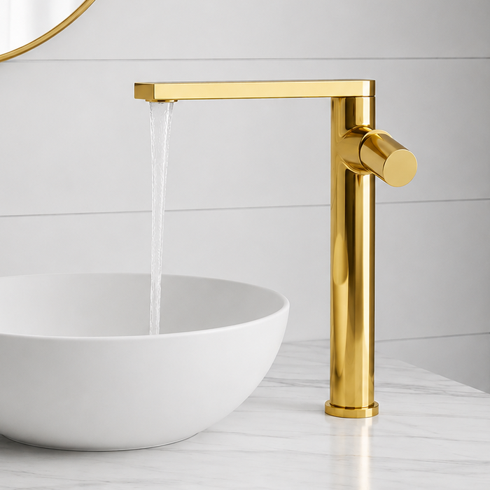 BASSINO Extended body Brass Bathroom Sink Wash Basin Mixer Tap Single Handle Hot & Cold Waterfall Lavatory Sink Faucet for Living Room & Bathrooms (GOLD)