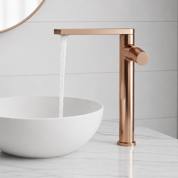 BASSINO Extended Body Brass Bathroom Sink Wash Basin Mixer Tap Single Handle Hot & Cold Waterfall Lavatory Sink Faucet for Living Room & Bathrooms (Rose-Gold)