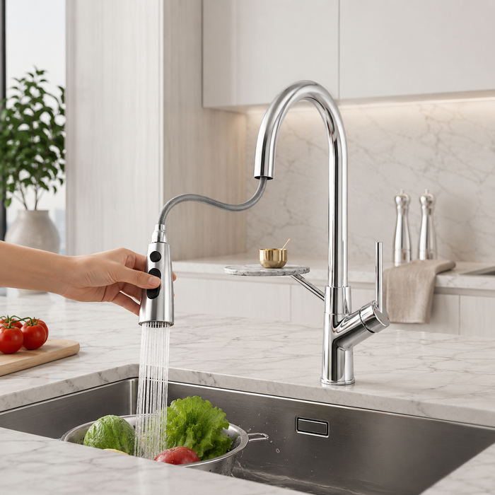 Pull-Out 3-Function Kitchen Sink Mixer Tap | 360° Swivel | Multi-Flow | 4 Finishes | 7-Year Warranty Silver