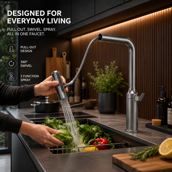 Pull-Out Kitchen Sink Mixer Tap | 3-Function Spray | 360° Swivel | 7-Year Warranty Gun Grey