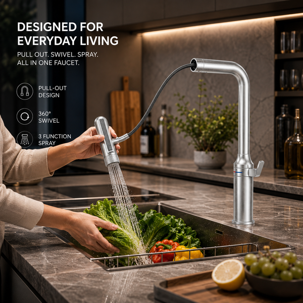 Pull-Out Kitchen Sink Mixer Tap | 3-Function Spray | 360° Swivel | 7-Year Warranty Silver
