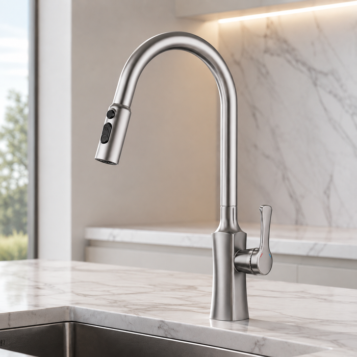 Pull-Out 3-Function Kitchen Sink Mixer Tap | 360° Swivel | Multi-Flow | 3 Finishes | 7-Year Warranty Silver Matt