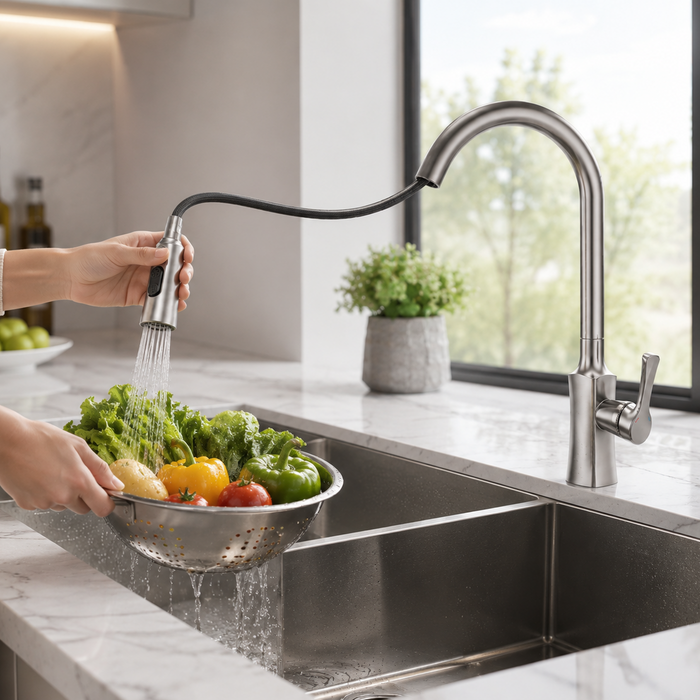 Pull-Out 3-Function Kitchen Sink Mixer Tap | 360° Swivel | Multi-Flow | 3 Finishes | 7-Year Warranty Silver Matt