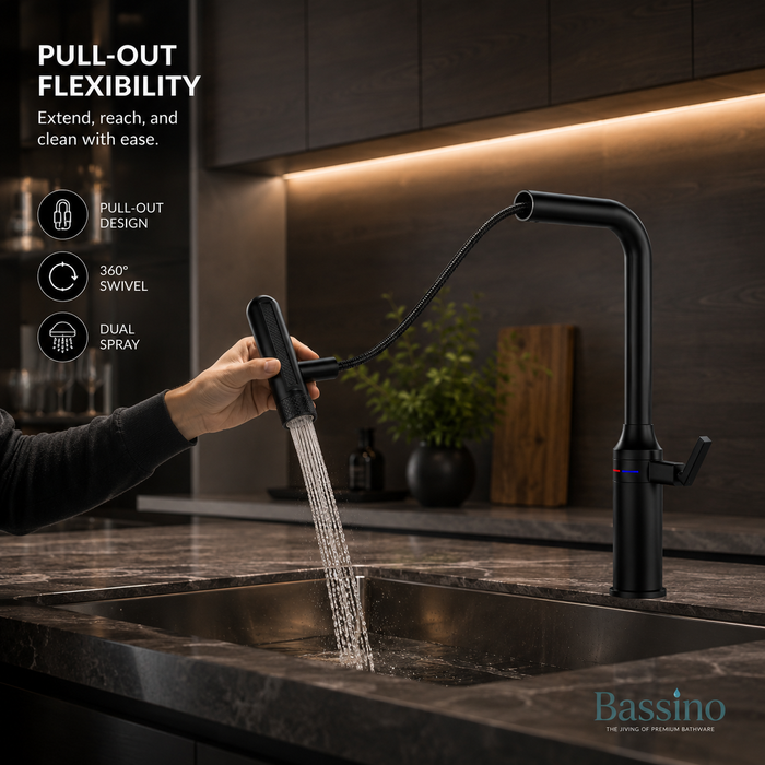 Pull-Out Kitchen Sink Mixer Tap | 3-Function Spray | 360° Swivel | 7-Year Warranty Black