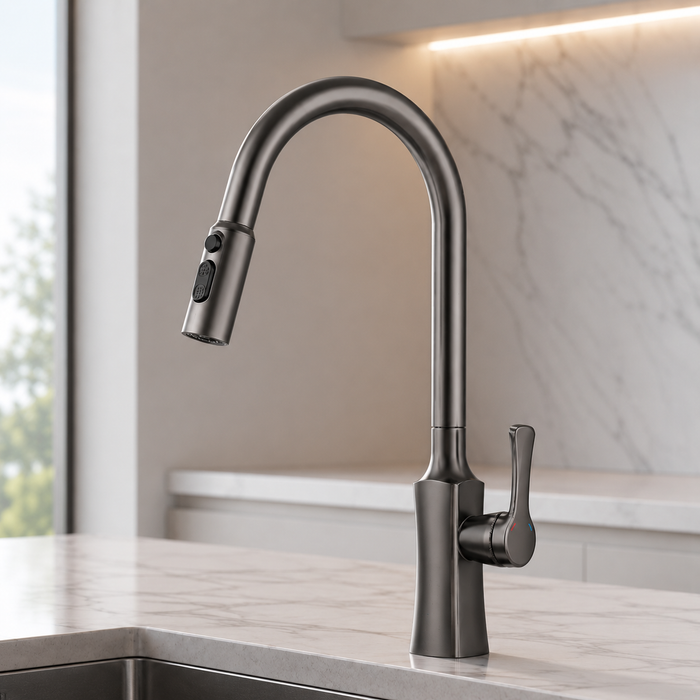 Pull-Out 3-Function Kitchen Sink Mixer Tap | 360° Swivel | Multi-Flow | 3 Finishes | 7-Year Warranty Gun Grey