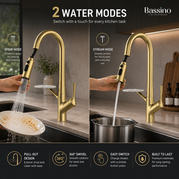 Pull-Out 3-Function Kitchen Sink Mixer Tap | 360° Swivel | Multi-Flow | 4 Finishes | 7-Year Warranty Brush Gold