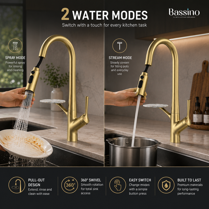 Pull-Out 3-Function Kitchen Sink Mixer Tap | 360° Swivel | Multi-Flow | 4 Finishes | 7-Year Warranty Brush Gold
