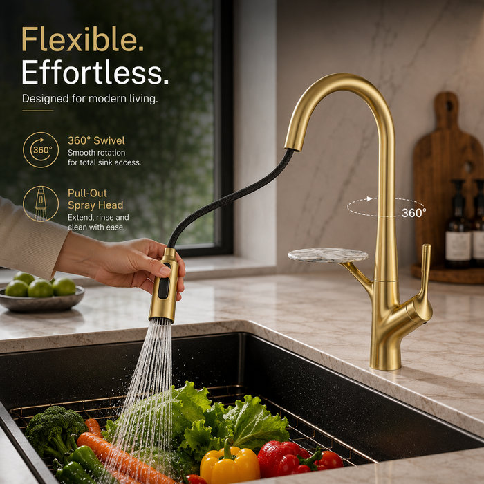 Pull-Out 3-Function Kitchen Sink Mixer Tap | 360° Swivel | Multi-Flow | 4 Finishes | 7-Year Warranty Brush Gold