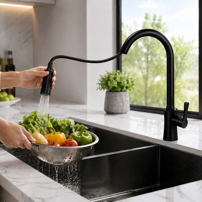 Pull-Out 3-Function Kitchen Sink Mixer Tap | 360° Swivel | Multi-Flow | 3 Finishes | 7-Year Warranty Black