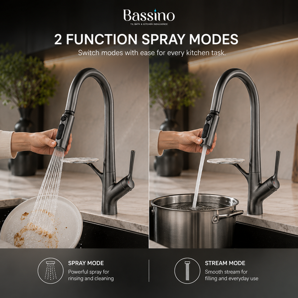 Pull-Out 3-Function Kitchen Sink Mixer Tap | 360° Swivel | Multi-Flow | 4 Finishes | 7-Year Warranty Gun Grey
