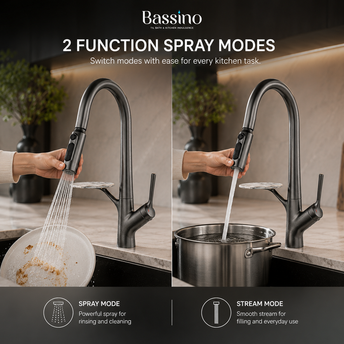Pull-Out 3-Function Kitchen Sink Mixer Tap | 360° Swivel | Multi-Flow | 4 Finishes | 7-Year Warranty Gun Grey