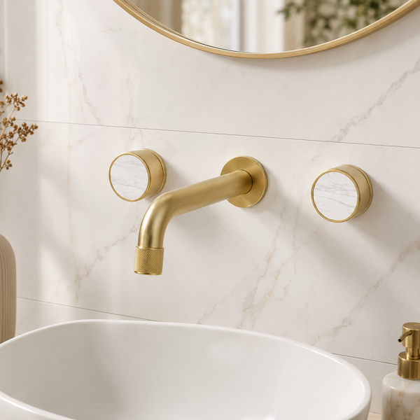 BASSINO Wall Mount Basin Mixer Tap with Dual White Accent Knobs – Brass Body | Premium Bathroom Faucet 5 Years Warranty Brushed Gold