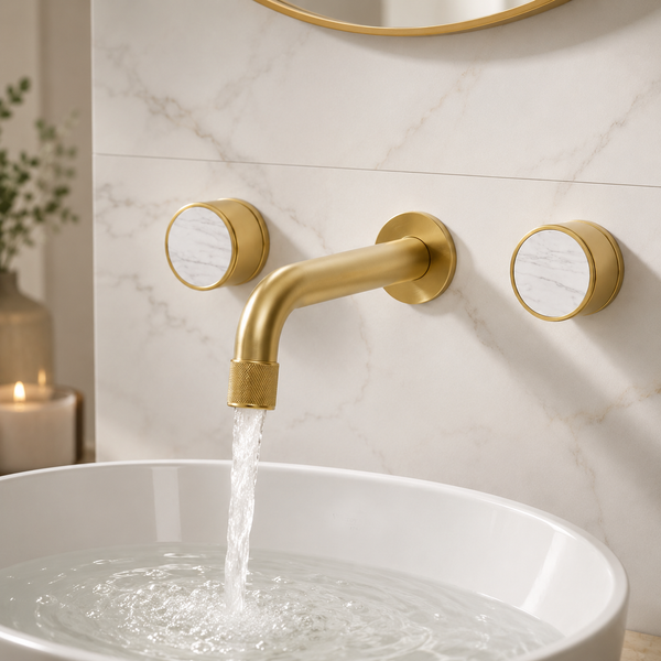 BASSINO Wall Mount Basin Mixer Tap with Dual White Accent Knobs – Brass Body | Premium Bathroom Faucet 5 Years Warranty Brushed Gold