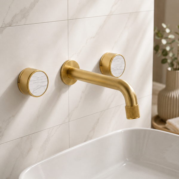 BASSINO Wall Mount Basin Mixer Tap with Dual White Accent Knobs – Brass Body | Premium Bathroom Faucet 5 Years Warranty Brushed Gold