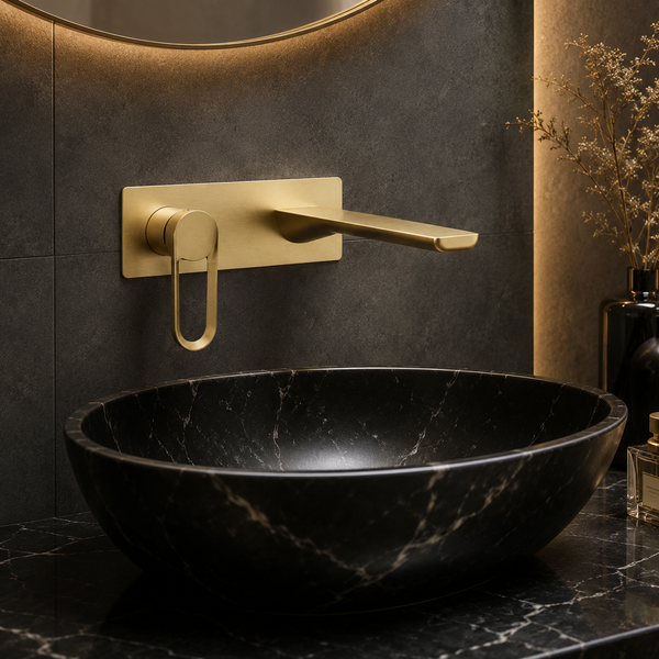 BASSINO Wall Mount Basin Mixer | Concealed Installation | Modern Designer Faucet - 5 Years Warranty Brushed Gold