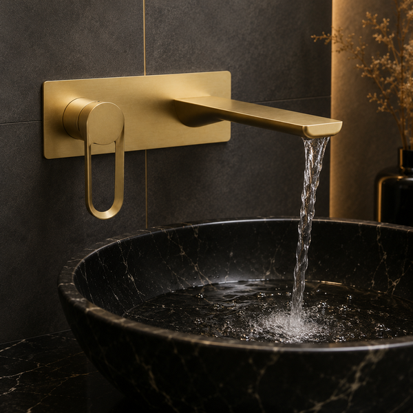 BASSINO Wall Mount Basin Mixer | Concealed Installation | Modern Designer Faucet - 5 Years Warranty Brushed Gold