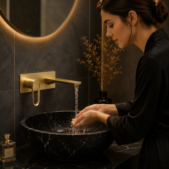 BASSINO Wall Mount Basin Mixer | Concealed Installation | Modern Designer Faucet - 5 Years Warranty Brushed Gold