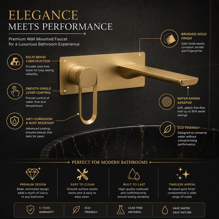 BASSINO Wall Mount Basin Mixer | Concealed Installation | Modern Designer Faucet - 5 Years Warranty Brushed Gold