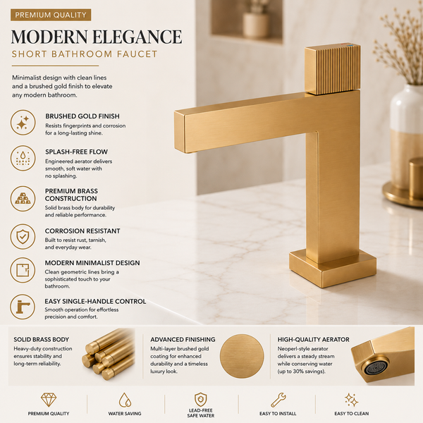 BASSINO TITAN Short Body Modern Basin Faucet Mixer | 3 Years Warranty Gold