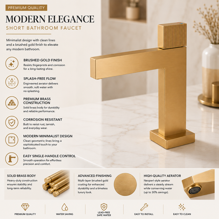 BASSINO TITAN Short Body Modern Basin Faucet Mixer | 3 Years Warranty Gold