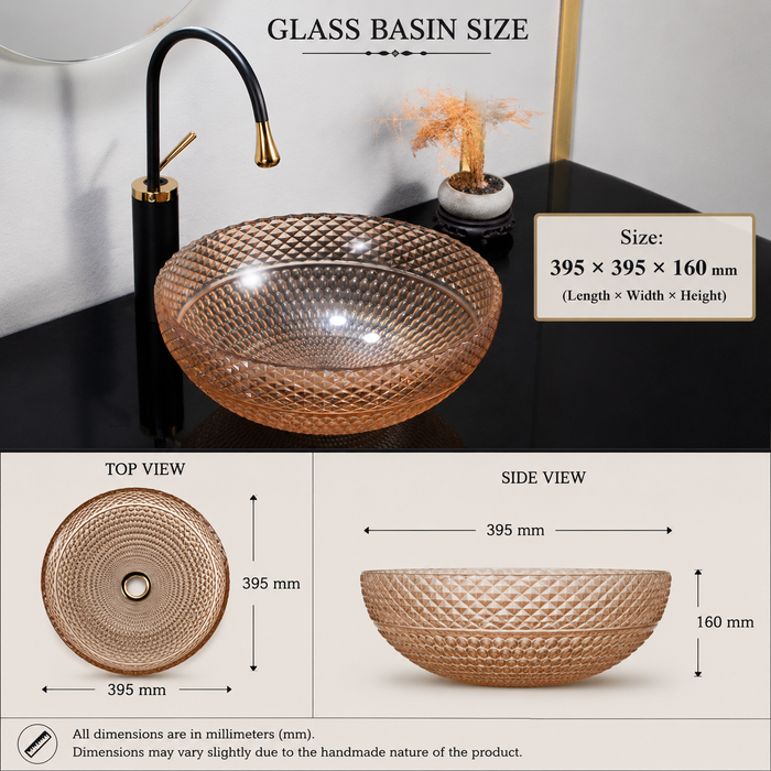 Bassino Modern Transparent Glass Wash Basin | Stylish Countertop Wash Basin for Bathroom–395x395x160 mm Rose gold