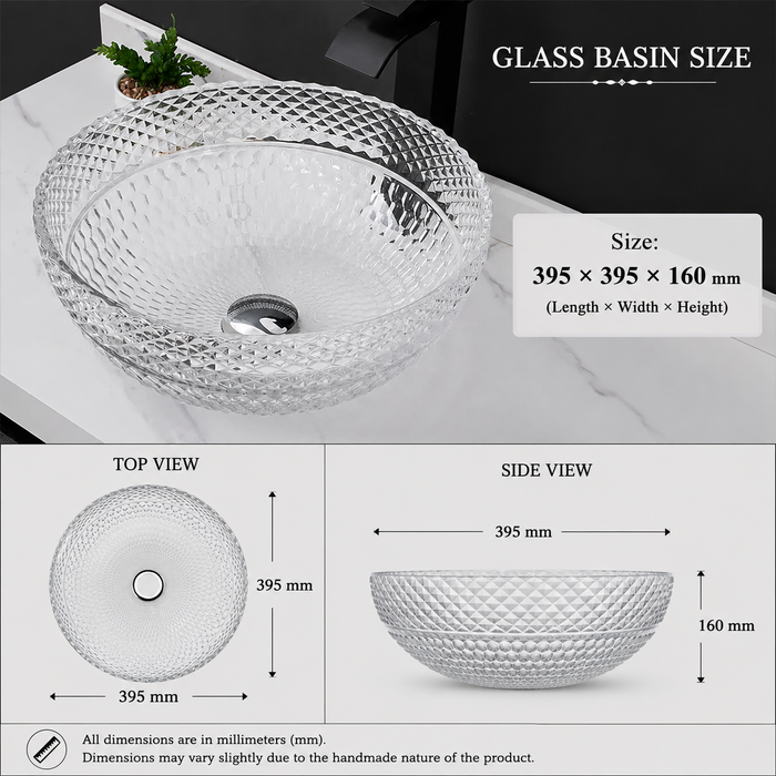 Bassino Modern Transparent Glass Wash Basin | Stylish Countertop Wash Basin for Bathroom–395x395x160 mm White