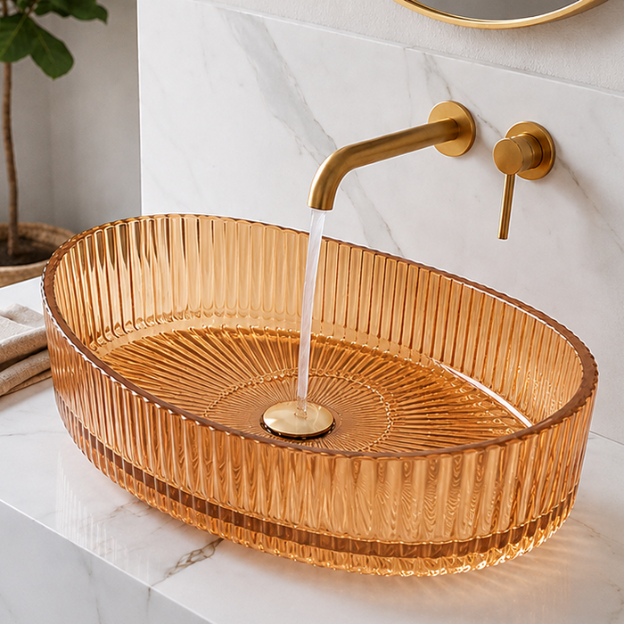 Bassino Modern Transparent Glass Wash Basin | Stylish Countertop Wash Basin for Bathroom–525x350x155 mm Rose gold