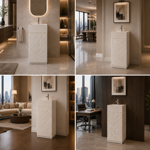 Luxury Artificial Pedestal Basin | Designer Freestanding Wash Basin | 19 × 19 × 37 In