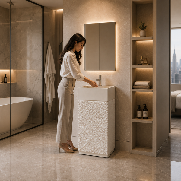 Luxury Artificial Pedestal Basin | Designer Freestanding Wash Basin | 19 × 19 × 37 In