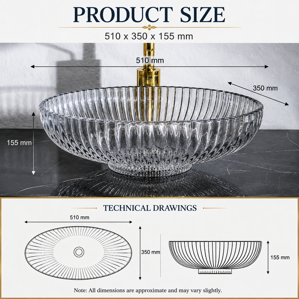 Premium Clear Glass Table Top Wash Basin, Transparent Finish (530x350x150 MM) Clear