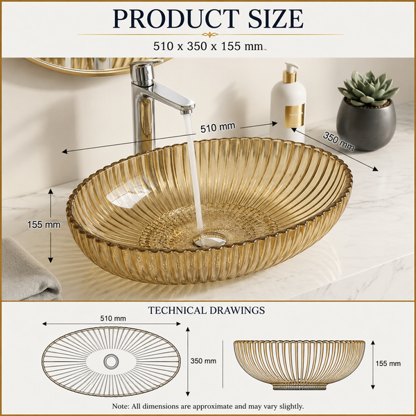 Premium Glass Table Top Wash Basin, Transparent Finish (530x350x150 MM) Gold