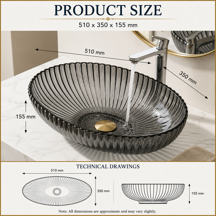 Premium Black Glass Table Top Wash Basin, Transparent Finish (530x350x150 MM) Black