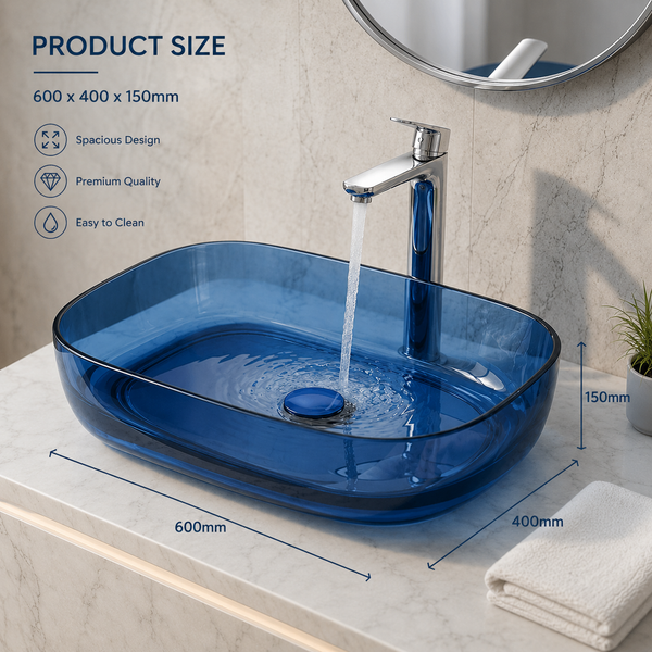 Bassino Modern Transparent Resin Wash Basin | Stylish Countertop Wash Basin for Bathroom–550x400x150 mm ROYAL BLUE