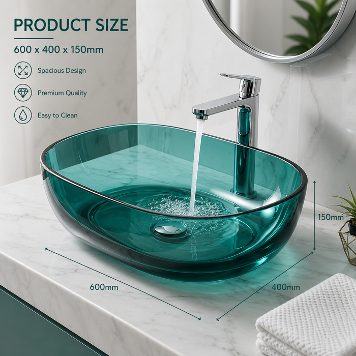 Bassino Modern Transparent Resin Wash Basin | Stylish Countertop Wash Basin for Bathroom–550x400x150 mm LAKE BLUE