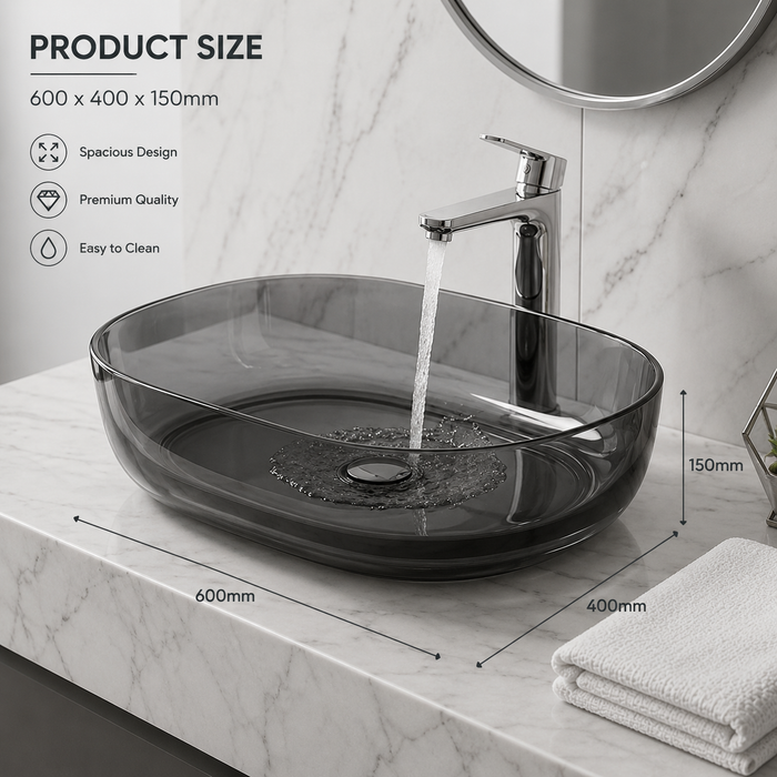 Bassino Modern Transparent Resin Wash Basin | Stylish Countertop Wash Basin for Bathroom–550x400x150 mm SMOKE BLACK