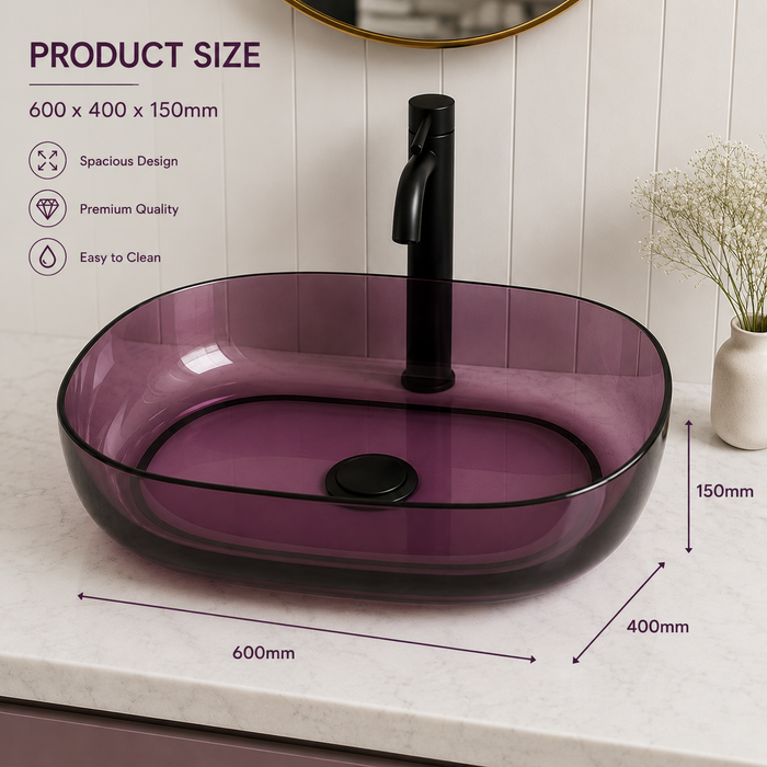 Bassino Modern Transparent Resin Wash Basin | Stylish Countertop Wash Basin for Bathroom–550x400x150 mm GRAPE PURPLE