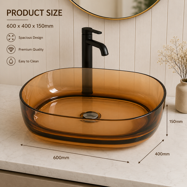 Bassino Modern Transparent Resin Wash Basin | Stylish Countertop Wash Basin for Bathroom–550x400x150 mm Brown