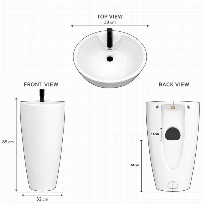 Premium Ceramic Pedestal Wash Basin, White Finish (15 × 15 × 34 In) BPB-751-IN