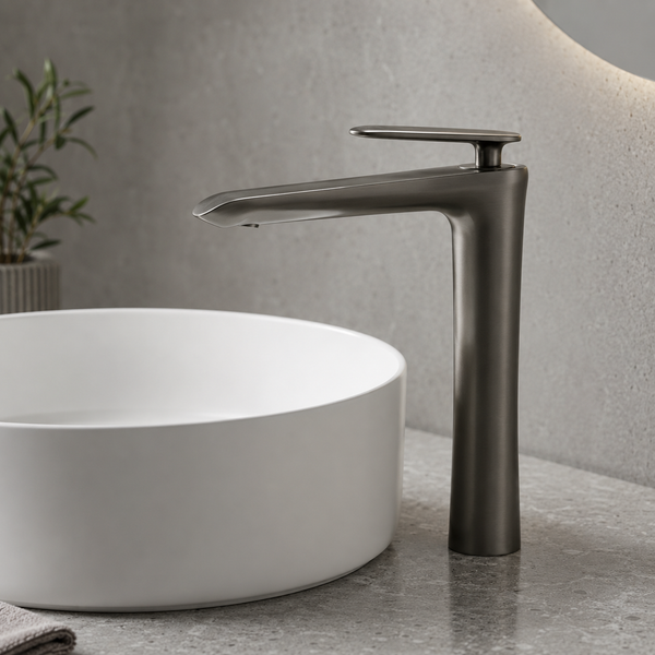 BASSINO Premium Tall Basin Mixer Faucet (Hot & Cold) | Brass Body | Deck Mounted | Luxury Finish – 5 Years Warranty Gun Grey