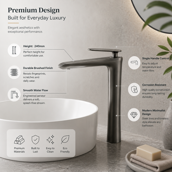 BASSINO Premium Tall Basin Mixer Faucet (Hot & Cold) | Brass Body | Deck Mounted | Luxury Finish – 5 Years Warranty Gun Grey