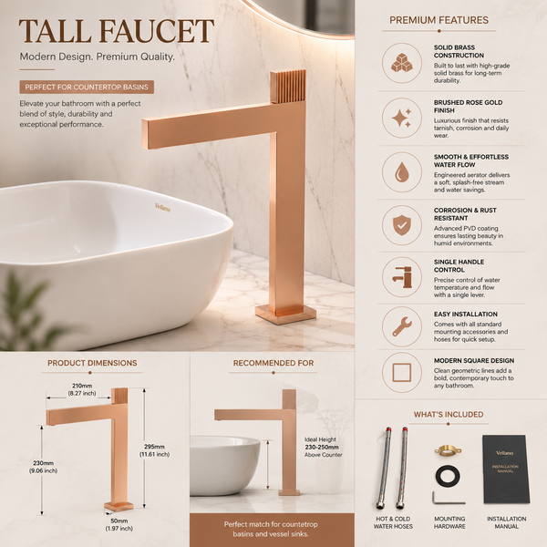 BASSINO TEE Long Body Contemporary Style Basin Faucet | 3 Years Warranty Rose gold