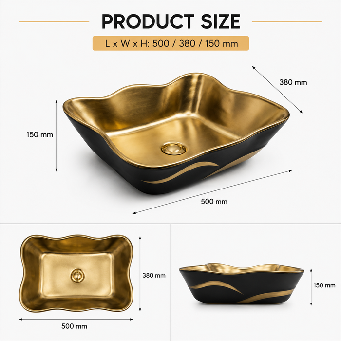 BASSINO Designer Table Top Basin – 20″ x 15″ Luxury Dual Tone Countertop Wash Basin Black and Gold