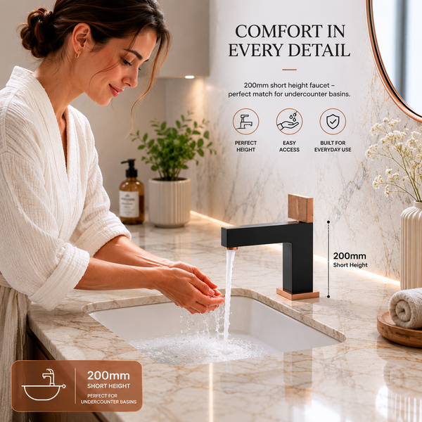 BASSINO Premium Short Basin Mixer Faucet (Hot & Cold)| Brass Body – 5 Years Warranty Black