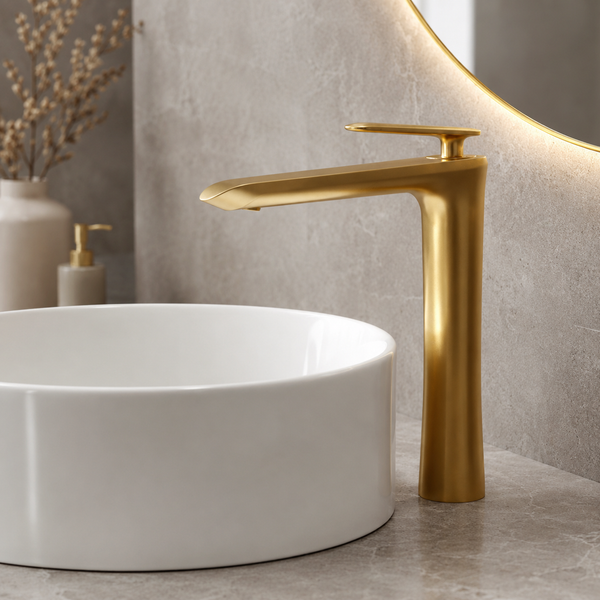 BASSINO Premium Tall Basin Mixer Faucet (Hot & Cold) | Brass Body | Deck Mounted | Luxury Finish – 5 Years Warranty Brushed Gold