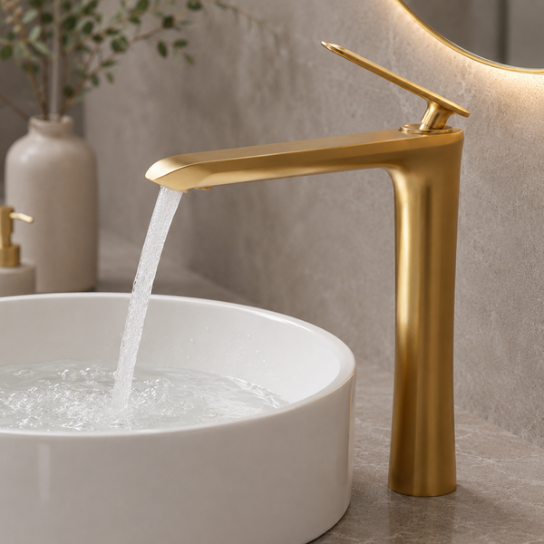 BASSINO Premium Tall Basin Mixer Faucet (Hot & Cold) | Brass Body | Deck Mounted | Luxury Finish – 5 Years Warranty Brushed Gold