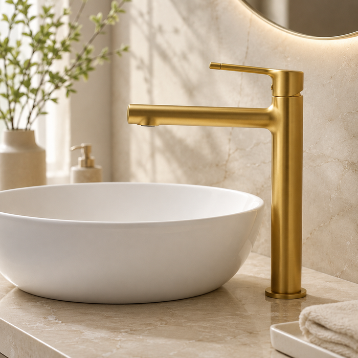 BASSINO Tall Basin Mixer Faucet Brass Body | Hot & Cold Mixer- 5 Years Warranty Brushed Gold