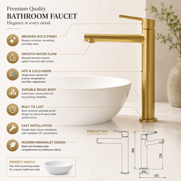 BASSINO Tall Basin Mixer Faucet Brass Body | Hot & Cold Mixer- 5 Years Warranty Brushed Gold