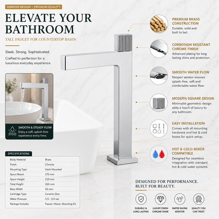 BASSINO TEE Long Body Contemporary Style Basin Faucet | 3 Years Warranty Chrome