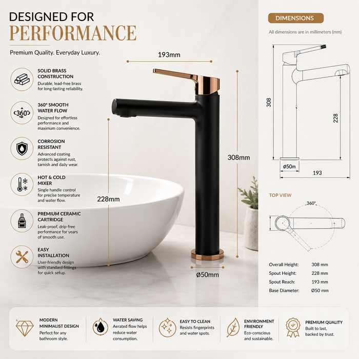 BASSINO Tall Basin Mixer Faucet Brass Body | Hot & Cold Mixer- 5 Years Warranty Black